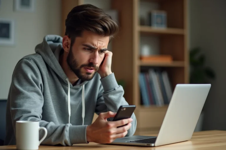 Jeune homme frustré regardant son téléphone banni de Snapchat à son bureau