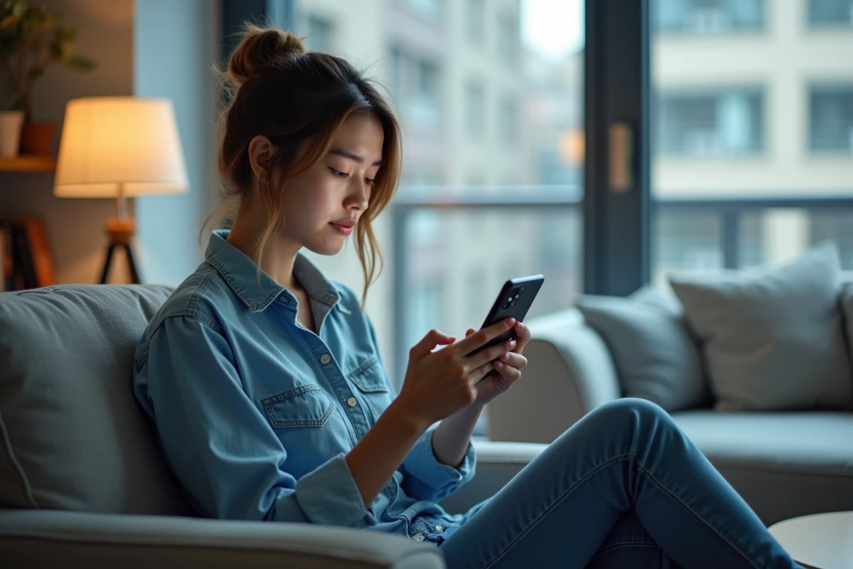 Worried woman checking her phone facing a Snapchat ban in a living room