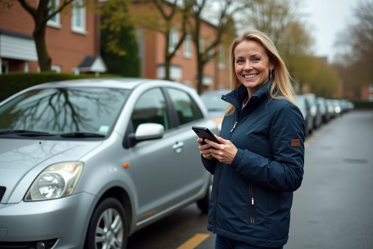 Femme vérifiant la cote Argus de son véhicule d'occasion sur smartphone dans un parking résidentiel