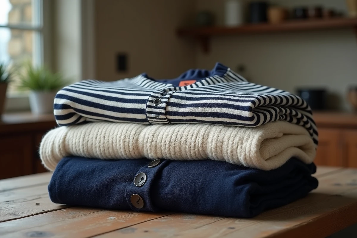 Pile de vêtements Armor Lux incluant marinière et pull en laine posés sur une table en bois, style avis consommateur