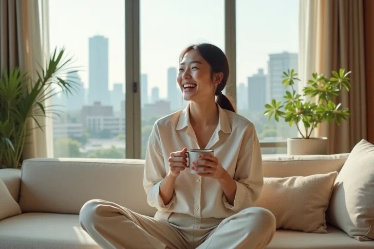 Femme d'origine japonaise souriante assise dans un salon moderne, illustrant la vie privée et l'intimité d'une célébrité