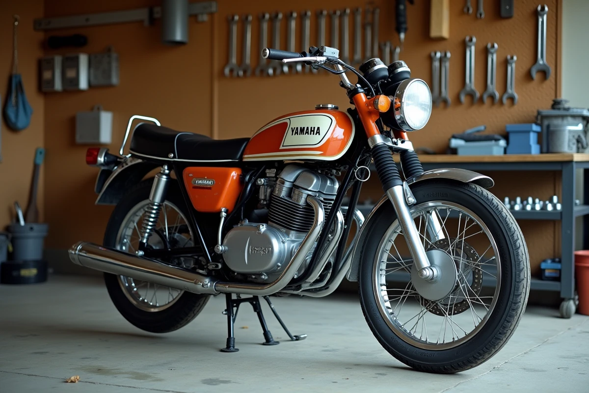 Yamaha SR400 vintage d'occasion garée dans un garage particulier avec outils au mur